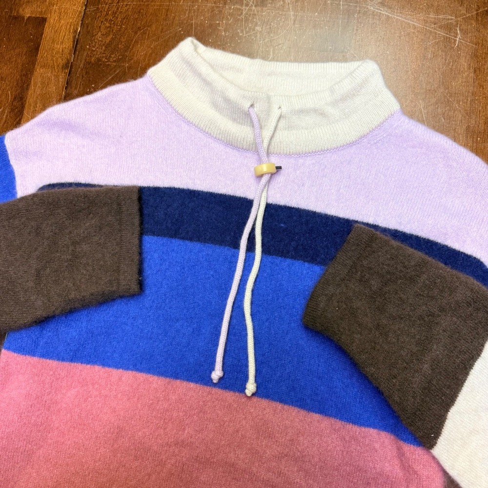 Theory Striped Mock‎ Neck Sweater Womens P Multicolor 100% Cashmere Drawstring - Picture 2 of 7